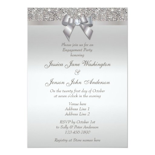 Silver Sequins Diamonds Bow Engagement Party Custom Invitations
