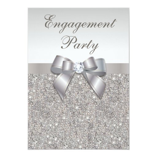 Silver Sequins Diamonds Bow Engagement Party Custom Invitations (front side)