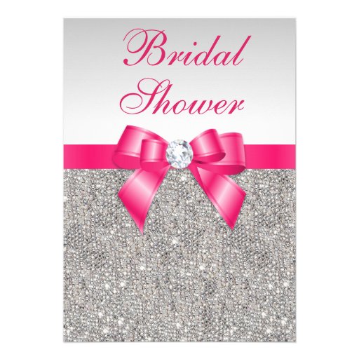 Silver Sequins Hot Pink Bow Bridal Shower Custom Invites