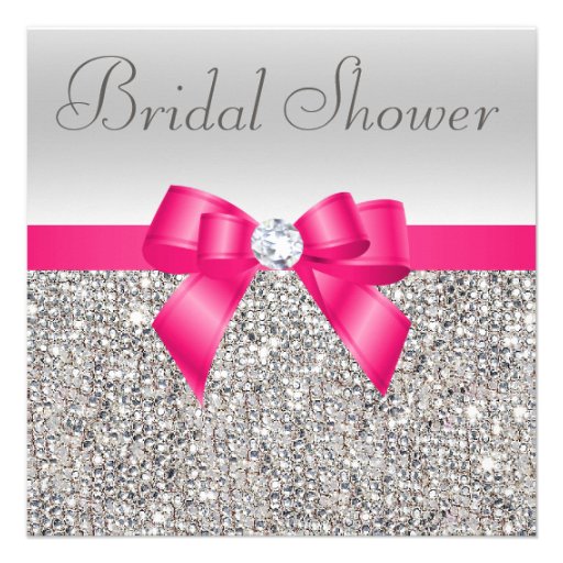 Silver Sequins Hot Pink Bow Diamond Bridal Shower Invites (front side)