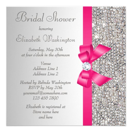 Silver Sequins Hot Pink Bow Diamond Bridal Shower Invites