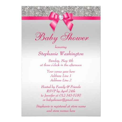 Silver Sequins Hot Pink Bow Girls Baby Shower Personalized Invitation