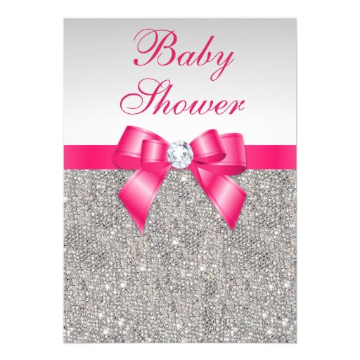 Silver Sequins Hot Pink Bow Girls Baby Shower Personalized Invitation