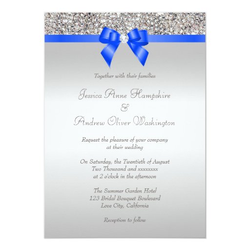 Silver Sequins Royal Blue Bow and Diamond Wedding Cards