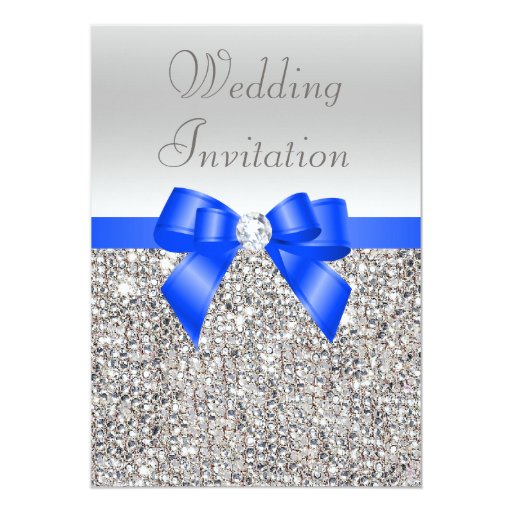 Silver Sequins Royal Blue Bow and Diamond Wedding Cards