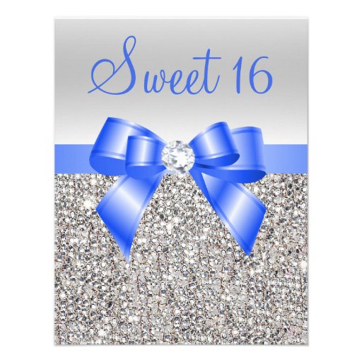 Silver Sequins Royal Blue Bow Sweet 16 4 25 X 5 5 Invitation Card