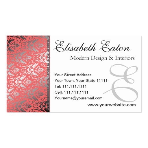 Silver Shimmer Peach Damask Elegant Woman's Business Card Template