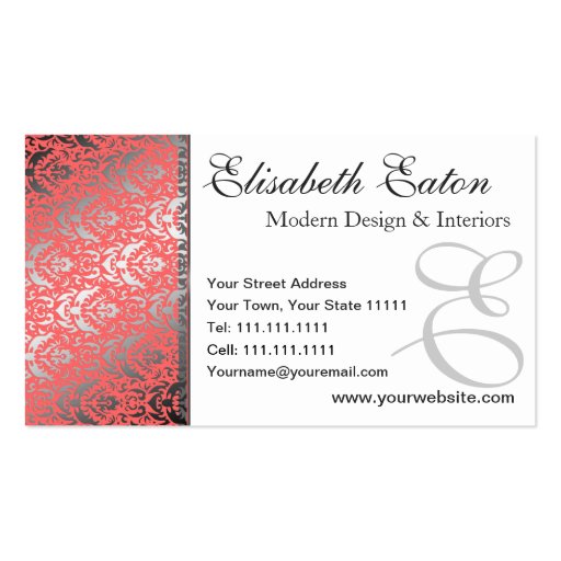 Silver Shimmer Peach Damask Elegant Woman's Business Card Template (front side)