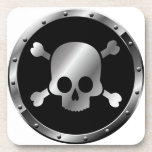 Silver Skulls in Circles of Black Beverage Coasters