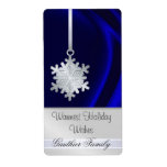 Silver Snowflake Blue Silk Holiday Wine Label