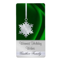 Silver Snowflake Green Silk Holiday Wine Label