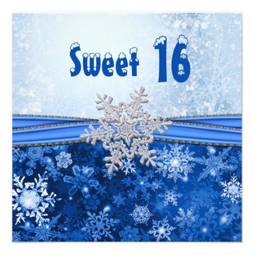 Silver snowflake on blue Sweet 16 Party Custom Announcements