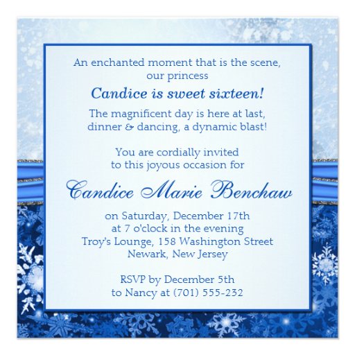 Silver snowflake on blue Sweet 16 Party Custom Announcements