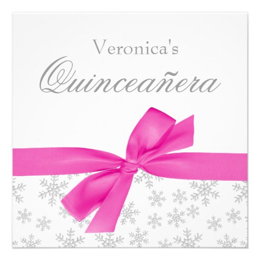 Silver Snowflakes Pink Bow Quinceanera Invitations