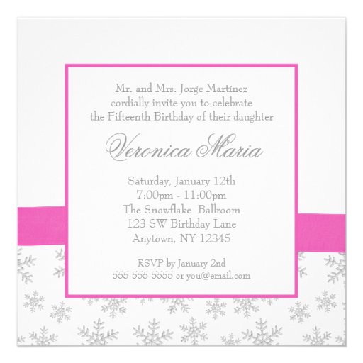 Silver Snowflakes Pink Bow Quinceanera Invitations