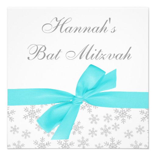 Silver Snowflakes Teal Bow Bat Mitzvah Announcements (front side)