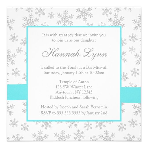 Silver Snowflakes Teal Bow Bat Mitzvah Announcements