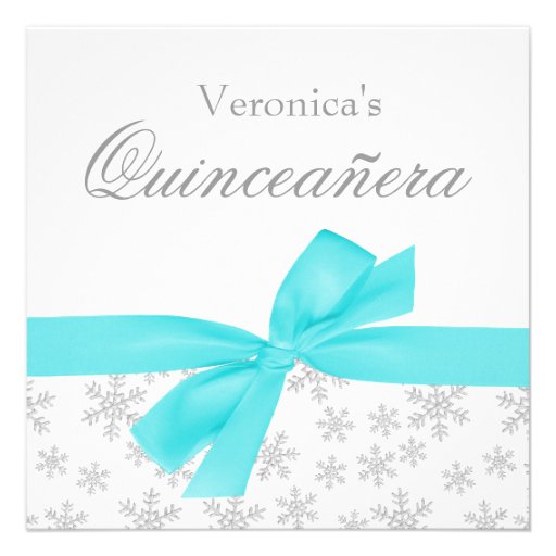 Silver Snowflakes Teal Bow Quinceanera Invitations