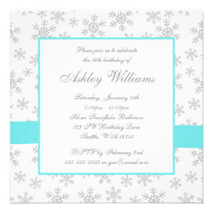 Silver Snowflakes Teal Bow Sweet 16 Invitations Invitations