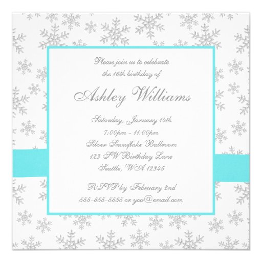 Silver Snowflakes Teal Bow Sweet 16 Invitations