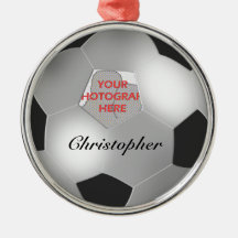 Silver Soccer ball customizable photo frame Christmas Ornament