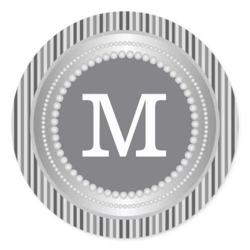 Silver Stripe Pattern Wedding Monogram Classic Round Sticker