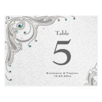 Silver swirls   aqua jewels wedding table number post cards