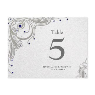 Silver swirls + blue jewels wedding table number postcard