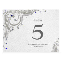 Silver swirls   blue jewels wedding table number postcard