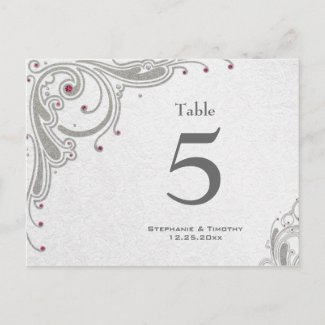 Silver swirls + pink jewels wedding table number postcard