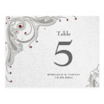 Silver swirls + red jewels wedding table number post cards