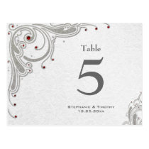 Silver swirls   red jewels wedding table number post cards