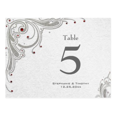 Silver swirls + red jewels wedding table number post cards