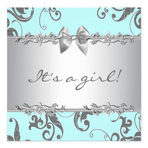 Silver Teal Blue Baby Girl Shower Personalized Invitations (front side)