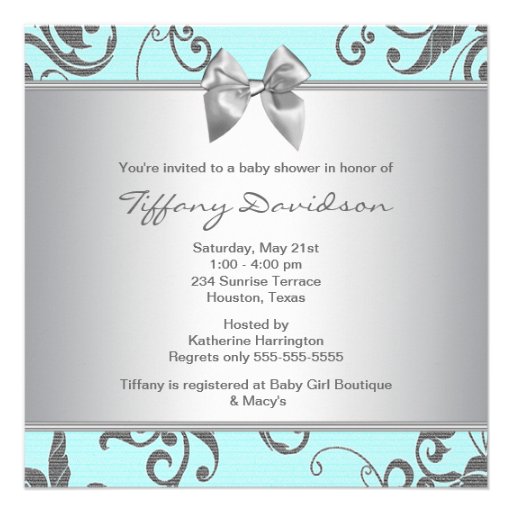 Silver Teal Blue Baby Girl Shower Personalized Invitations