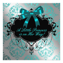 Silver Teal Blue Black Princess Baby Girl Shower Custom Announcement