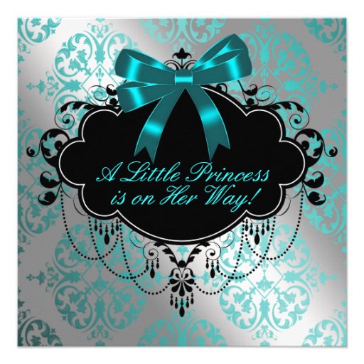 Silver Teal Blue Black Princess Baby Girl Shower Custom Announcement