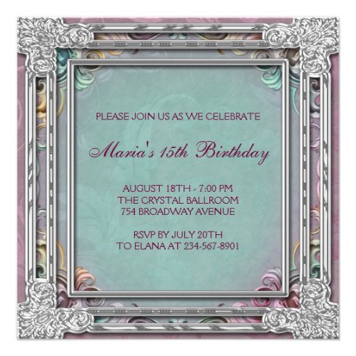 Silver Teal Blue Coral Pink Photo Quinceanera Personalized Announcements