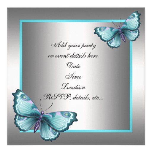 Silver Teal Blue Heart Butterfly Teal Blue Party Announcements