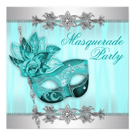 Silver Teal Blue Masquerade Party Invitations