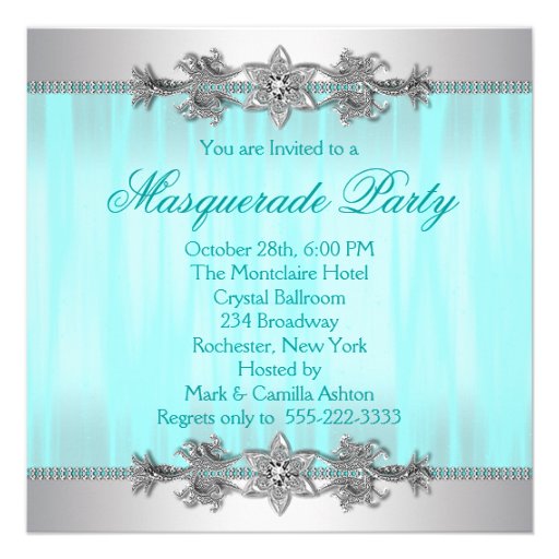 Silver Teal Blue Masquerade Party Invitations