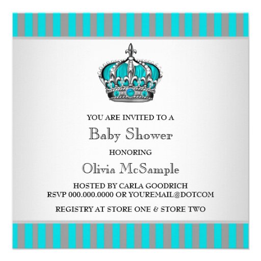 Silver Teal Blue Prince Baby Shower Custom Invite