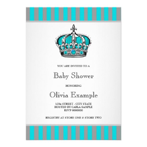 Silver Teal Blue Prince Baby Shower Invitations