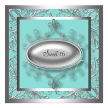 Silver Teal Blue Sweet 16 Birthday Party Invites