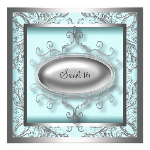 Silver Teal Blue Sweet 16 Birthday Party Invites