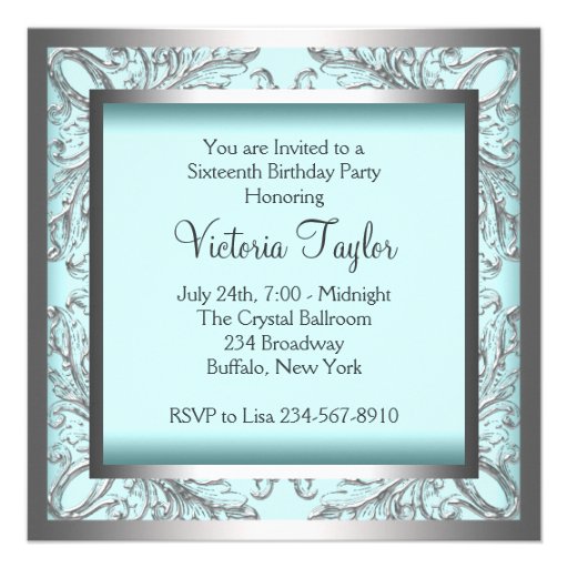 Silver Teal Blue Sweet 16 Birthday Party Invites