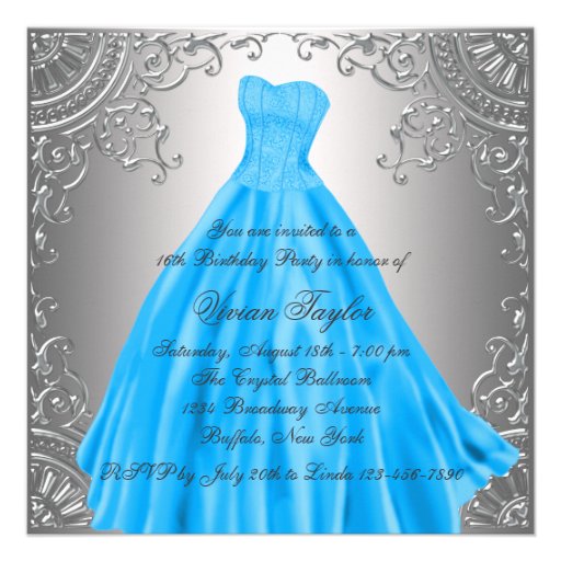 Silver Teal Blue Sweet Sixteen Birthday Party Announcement (front side)
