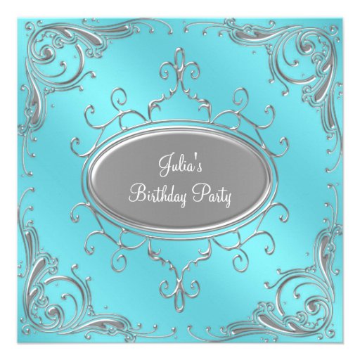 Silver Teal Blue Womans Birthday Party Custom Invites (front side)