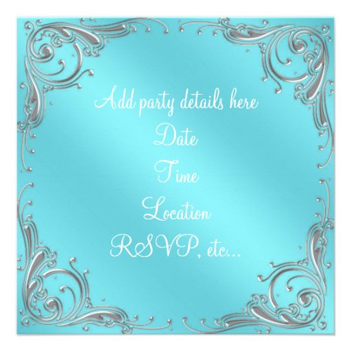 Silver Teal Blue Womans Birthday Party Custom Invites