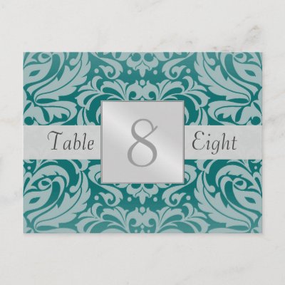 Silver Teal Damask Wedding Table Number Card Postcard by theedgeweddings